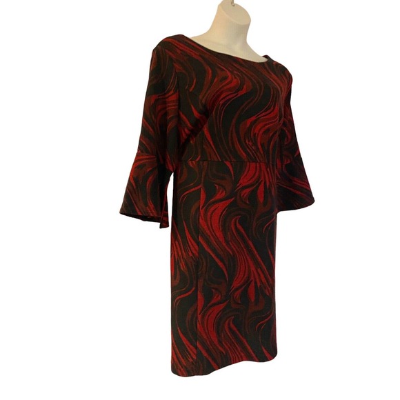 Midnight Velvet Textured Bell Sleeve Office Church Party Knee Length Red Dress - Picture 4 of 12